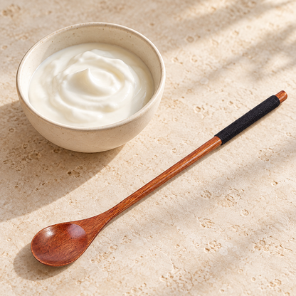 LöffelKlar – einzelner brauner Löffel mit schwarzem Griffband neben Joghurt