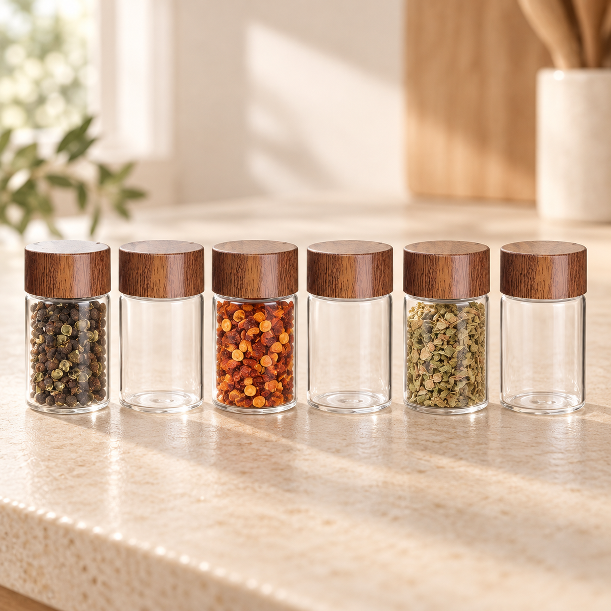 ProduktKlar 15882922426708 – sechs Mini-Gläser, M 20 ml, Gewürze als Anwendungsbeispiel, nicht enthalten
