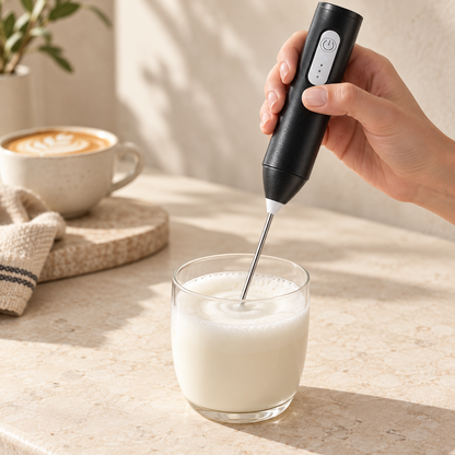 Ein schwarzer SchaumKlar Milchaufschäumer beim Aufschäumen von Milch im Glas; Glas nicht enthalten