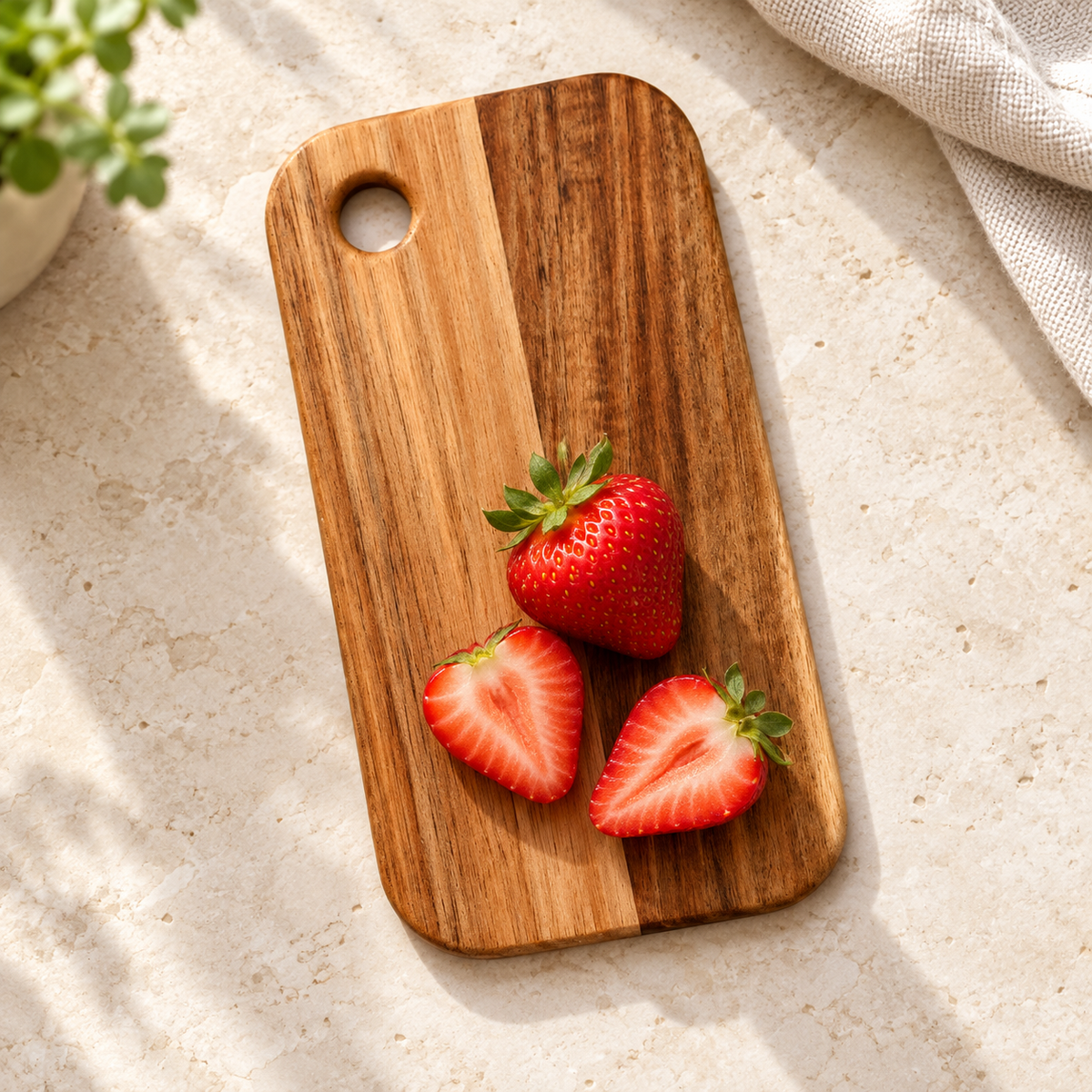 SchnittKlar – einzelnes kleines Holzschneidebrett mit Erdbeeren